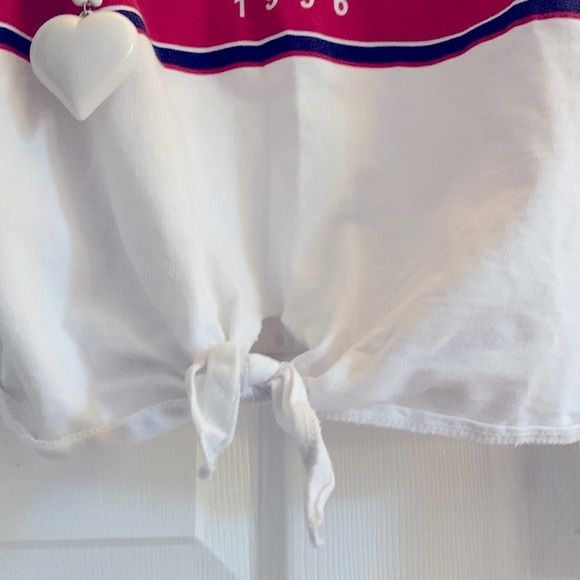 H&M White with Navy/Red Stripe Crop Top Long Sleeve Top Tie Front “1996” Logo - Picture 3 of 3